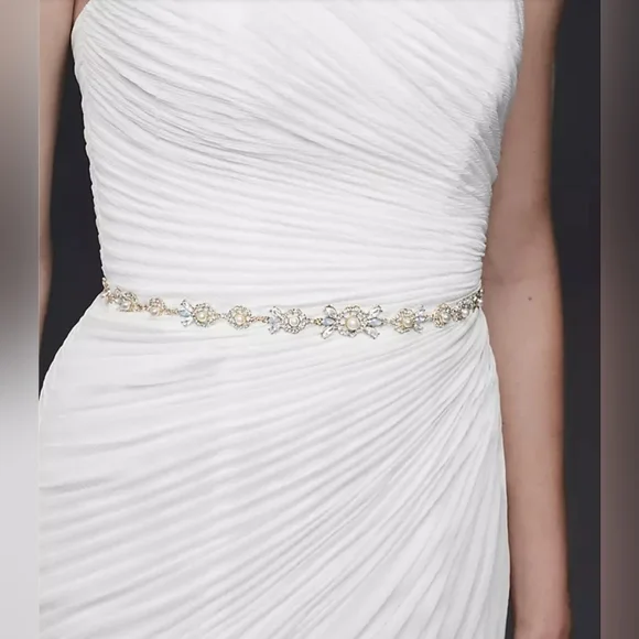 Davids Bridal Belt Wedding Dress Formal Gown Organza Sash Pearls Crystals Champa - Picture 2 of 9